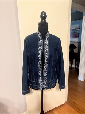 Baccini Navy Denim Jacket with White Embroidered Trim